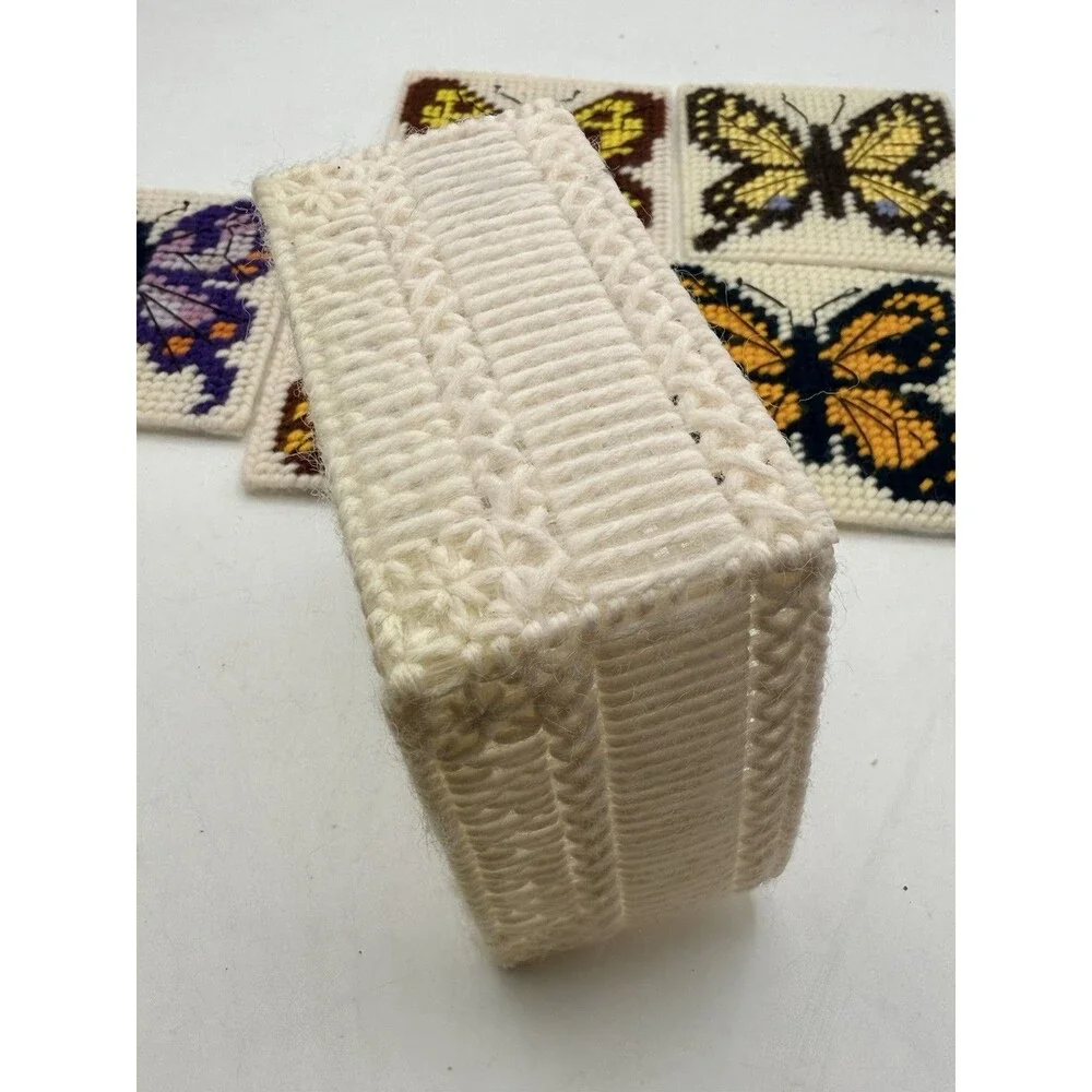 VTG 5 Butterfly Monarch + Handmade Plastic Canvas Coaster Sets w/ Basket Holder